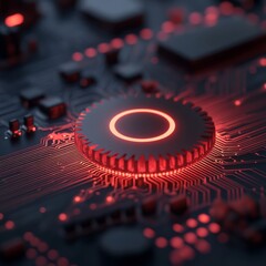 Aufkleber - Futuristic Tech Interface Neon Red Circuit Gear on Matte Black - Cutting-Edge Visualization for System Integration and Digital Innovation in Technology Industries