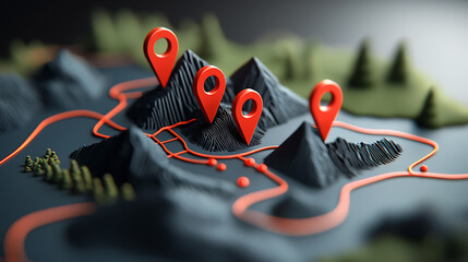 Poster - Exploring abstract gis models with red markers on a 3d terrain map digital visualization indoor studio environment perspective viewpoint