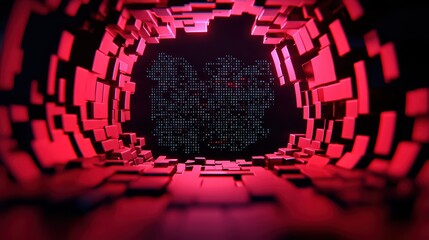 Poster - Abstract Visual of Digital Tunnel with Red Blocks and Data Display