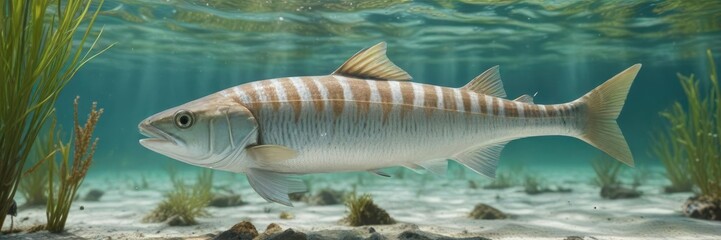 Wall Mural - Peaceful Bonefish with Soft Scales in Seagrass Beds, soft scales, shallow waters, seagrass beds