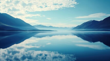 Aufkleber - Serene lake with tranquil water reflecting distant mountains under a clear blue sky during daylight hours. Generative AI