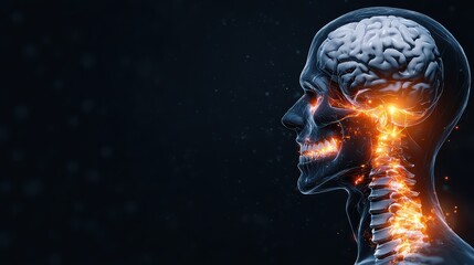 Poster - Detailed 3D illustration of human brain and spine with glowing effects