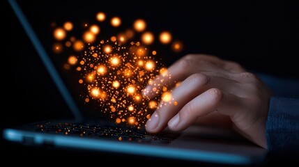 Poster - Creative Hand Typing on Laptop with Sparkling Light Effects