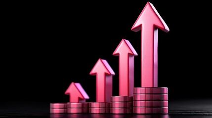 Poster - Pink Arrows Rising Above Stacked Coins Representing Financial Growth