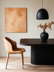 Fototapete - Minimalist Office Design Warm Toned Wooden Chair, Black Table and Pendant Light - Modern Aesthetic and Professional Workspace Innovation for Contemporary Business Environments
