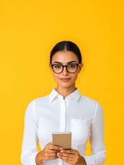 Poster - Vibrant Minimalist Portrait Young Female Professional with Smartphone in Bright Workspace - Business Innovation and Digital Engagement Tools in Modern Offices