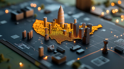 Poster - Illuminated industrial map of the united states urban landscape infographic visualization nighttime setting aerial view data representation