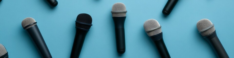 Aufkleber - Contemporary Microphone Display Sleek Matte Black and Textured Gray on Blue - Professional Audio Equipment for Modern Conferences and Strategic Digital Content Creation