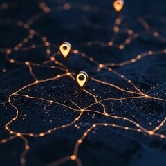 Aufkleber - Futuristic Digital Navigation Interface Neon Map Display with Route Markers - Smart Travel Technology for Business and Urban Route Optimization