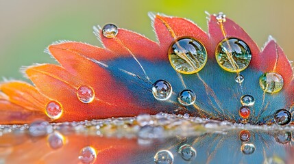 Wall Mural - Vibrant Bird Feather with Dew Drops Macro Photography