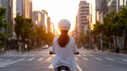 Aufkleber - Contemporary Urban Micromobility Young Korean Woman on E-Scooter in Green Seoul - Sustainable Commute and Smart City Design for Modern Workspaces