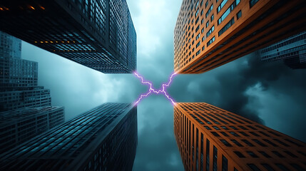 Poster - Futuristic blue and purple lightning bolts connecting skyscrapers urban cityscape digital art dramatic sky aerial view conceptual visualization