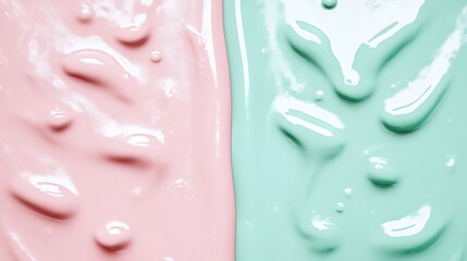 Poster - Smooth Texture of Pink and Mint Creamy Paint Splashes on a White Background for Artistic Backgrounds and Designs
