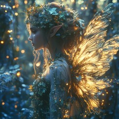 Poster - Enchanting forest scene featuring a humanoid hybrid of a halfelf woman and halfpixie adorned with delicate wings and a dress made of leaves and shimmering fabrics under the soft glow of fireflies