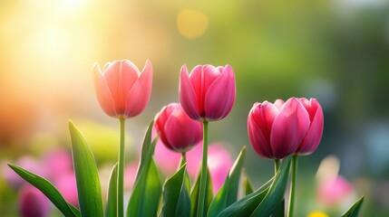 Poster - Beautiful pink tulips blooming in a sunlit garden during springtime with vibrant colors and lush greenery. Generative AI
