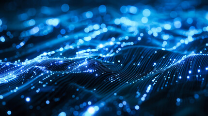 Poster - Abstract digital data stream with glowing lines on dark blue background
