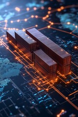 Aufkleber - Futuristic Global Logistics Visualization High-Tech Cargo Ships on Digital World Map - Enhancing Trade Efficiency and Cybersecurity in Shipping Industry with Innovative Graphs and Neon Accents