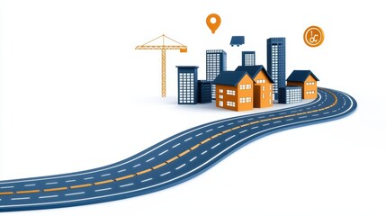 Urban Construction Concept with Road, Buildings, and Cranes
