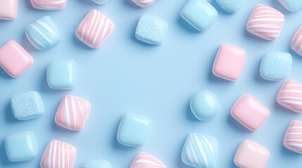 Soft Pastel Colored Candy-Like Textures on a Light Blue Background for Creative Design Use