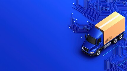Poster - Blue Delivery Truck on Circuit Board Background in Digital Concept