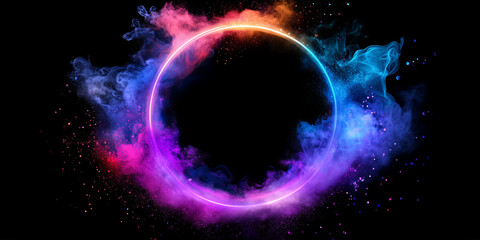 Poster - Rainbow round neon glowing frame with the spreading colorful smoke banner. Multicolored light and steam. Empty border, background.
