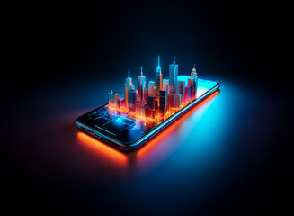 Poster - A futuristic cityscape, rendered in vibrant neon hues, magically appears on a sleek smartphone screen, symbolizing the digital age and the convergence of technology and urban life.