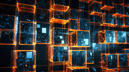 Poster - Interconnected transparent cubes in an abstract technology composition