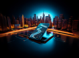 Poster - A futuristic city skyline is reflected on a sleek, dark smartphone displaying a navigation map.  The phone rests on a glowing, technological surface.