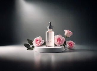 Poster - A glass bottle of transparent serum sits on a white pedestal, surrounded by pink roses under soft lighting.  The elegant setup evokes a feeling of luxury and natural beauty.