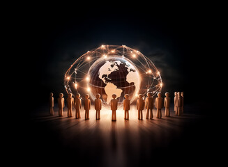 Poster - A glowing earth encircled by a network of connections, surrounded by small figures, symbolizes global unity and interconnectedness.  The scene is dark, emphasizing the digital network.