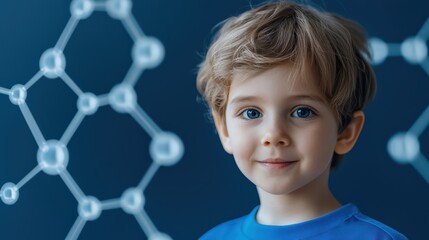 Poster - curious child with blue eyes smiling in science-themed background