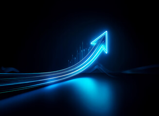 Poster - Glowing blue arrow ascends on dark background, symbolizing growth and progress.  Light trails suggest rapid upward movement and data visualization.