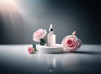 Fototapete - Elegant skincare serum bottle with pink roses, displayed on a minimalist white platform. Soft lighting enhances the product's luxurious appeal.