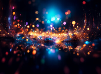 Poster - Vibrant, swirling lights create an abstract, cosmic scene.  Warm oranges and yellows contrast with cool blues and purples, evoking a sense of energy and depth. The bokeh effect adds to the magical atm