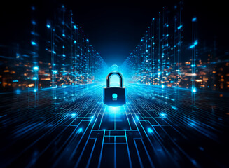 Aufkleber - A glowing padlock sits at the center of a digital highway, representing cybersecurity and data protection within a network.  The scene is dark, with bright blue lines suggesting a complex system.