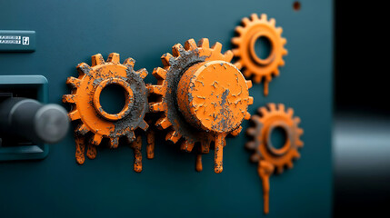 Poster - Corroded gears displayed in industrial setting macro photography textured background rustic environment artistic perspective mechanical concept