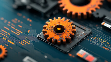 Poster - Corroded gears and digital circuitry integration industrial setting macro photography high-tech environment creative perspective artistic concept