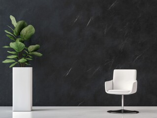 Aufkleber - Minimalist Business Presentation Setup White Armchair and Green Plant Against Slate Texture - Corporate Communication Space for Professional Engagements and Marketing Events