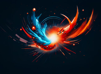 Fototapete - Abstract artwork depicting a dynamic collision of blue and orange energy, swirling in a vibrant explosion of light and color against a dark background.  Glowing spheres add to the intense visual effec