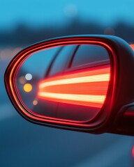 Poster - futuristic road reflection sleek car mirror with dynamic light trail for modern automotive marketing