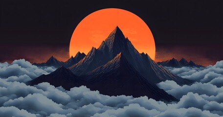 Wall Mural - Majestic Mountains Rise Above Clouds With Orange Sun