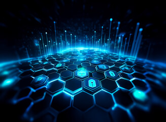 Fototapete - Abstract digital artwork depicting a futuristic, glowing hexagonal grid.  Blue light pulses, illustrating a network of secure data points.  Cybersecurity, technology, and protection are central themes