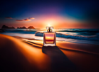 Poster - A perfume bottle sits on a sandy beach at sunset, the warm hues of the sky reflected in its glass.  Ocean waves gently lap the shore.