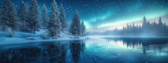 Wall Mural - a snowy landscape with a lake and trees