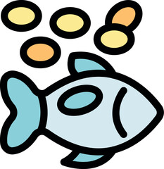 Poster - Cartoon fish eating floating food pellets, simple icon illustration for pet food or aquarium concept