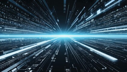Digital data stream, futuristic tunnel, fast motion, glowing light, tech background, website banner