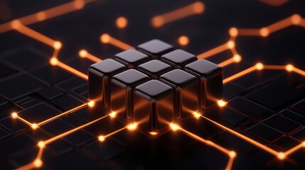 Poster - Abstract black cubes connected by glowing lines in digital space