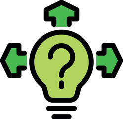 Poster - Green light bulb with question mark showing different possible solutions and decision making