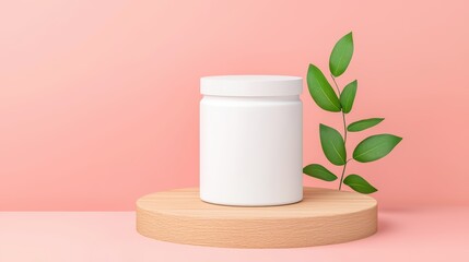 Wall Mural - Minimalist White Jar on Wood Base with Green Leaves on Pink Background