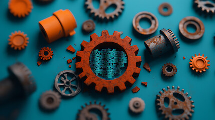 Poster - Digital decay of fragmented code in rusty gears studio setup macro photography industrial environment abstract viewpoint technology concept